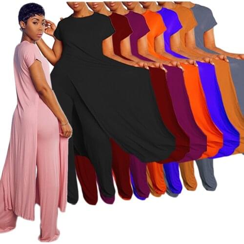 VAZN 2020 Hot Sale Women Casual Solid O-neck Shinny Irregular Outfit Two Pieces Set Short Sleeve Full Pant Office Lady Sets