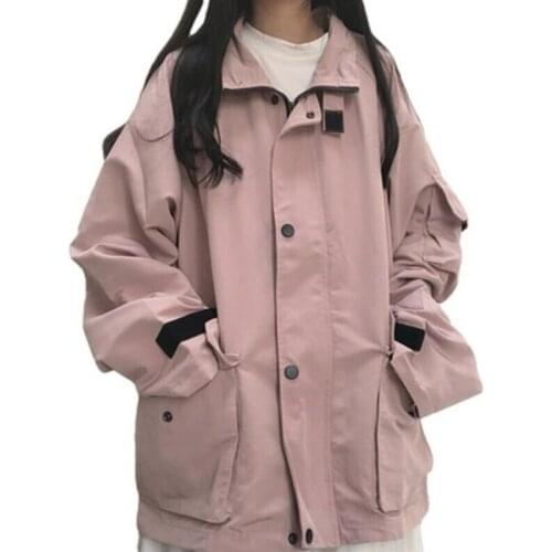 Women Korean Style Zip Up Jacket Handsome Long Sleeve Loose Coat Spring Autumn Windbreaker Casual Basic Streetwear Oversized Top