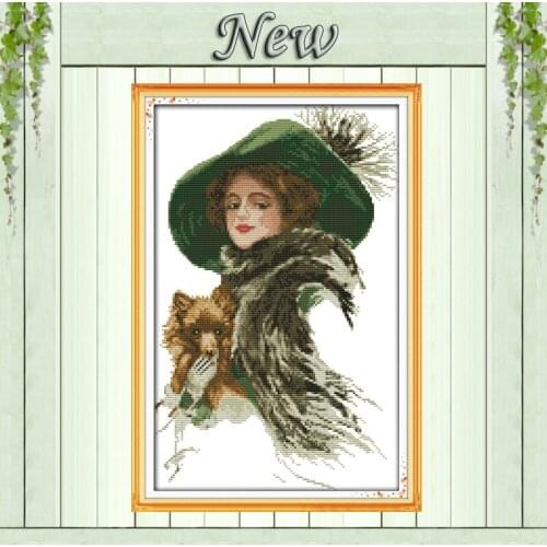 Lady with a pet noble girl dog painting 11CT DMC counted printed on canvas 14CT DIY Cross Stitch Embroidery Sets Needlework kits