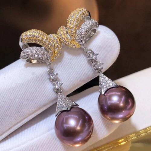 M131 Solid 925 Sterling Silver Round 10-11mm Nature Fresh Water Purple Pearls Drop Dangle Earrings for Women Fine Birthday Gifts