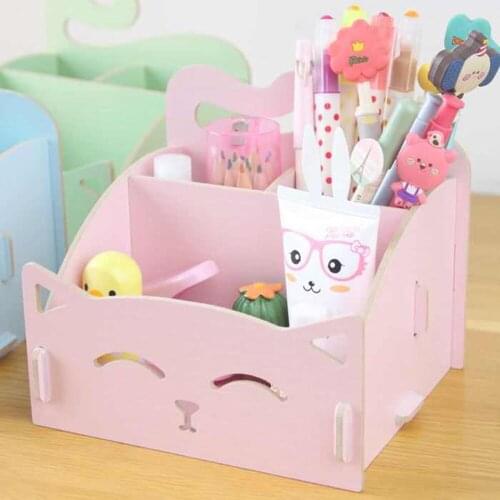 Cute cat pen holders Multifunctional storage Wooden cosmetic storage box/Memo box/Penholder gift office organizer School supplie