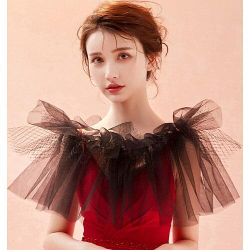 Women Black Formal Evening Wrap Tulle Ruffle Lolita Accessory Off Shoulder Gothic Stole Elegant Wedding Special Cosplay Shawl