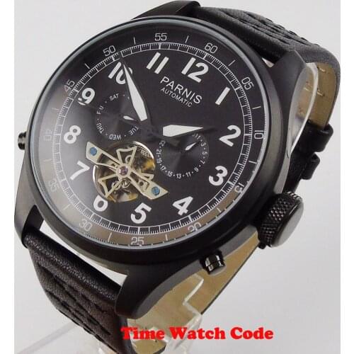 PARNIS 48mm Automatic Flywheel Mens Wristwatch PVD Coated Black dial week Display Auto Date luminous hands multifunction