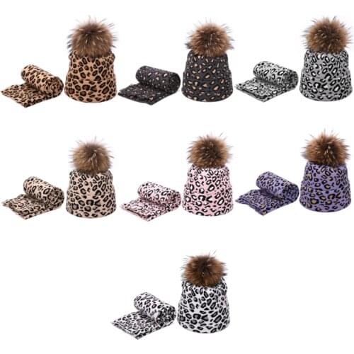 2pcs Winter Women Pompon Beanie Hat Scarf Set Leopard Spots Sexy Outdoor Warm Faux Fur Pom Pom Hedging Caps