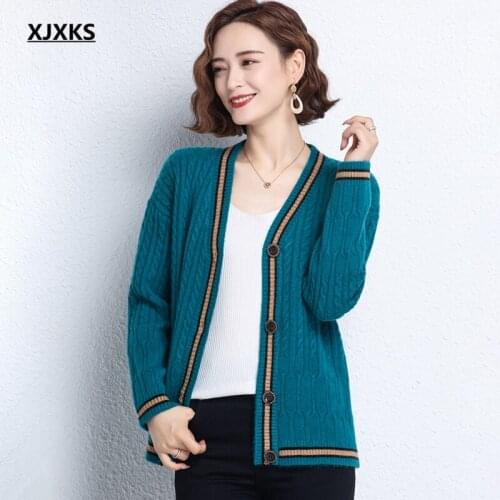 XJXKS 2021 autumn new fashion V-neck women cardigan high-end wool knit single-breasted cardigan women sweater coat