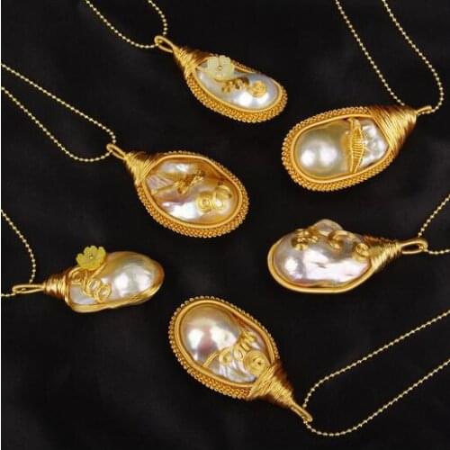 Jewelry Hand woven 14k Note gold 100% Natural Fresh Water Baroque irregular Pearl pendant Necklace for women