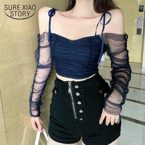 Autumn Sexy Hollow Out Romantic Spiced Mesh Tops Slash Shoulder Pleated Slim Shirt Women Black Lace Blouse Chemisier Femme 12393
