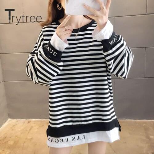 Trytree 2020 Autumn Winter Woman Casual Sweatshirt O-neck Stripe Loose Letter Fake two Pieces All-Purpose Style Sweatshirt Tops