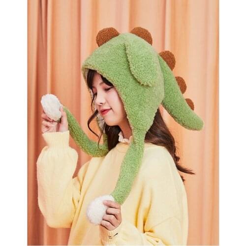 Women Winter Bomber cap Fluffy Plush Hoodie Scarf Hat with Moving Jumping Ears Female Funny Cartoon Dinosaur Warm Earflap Cap