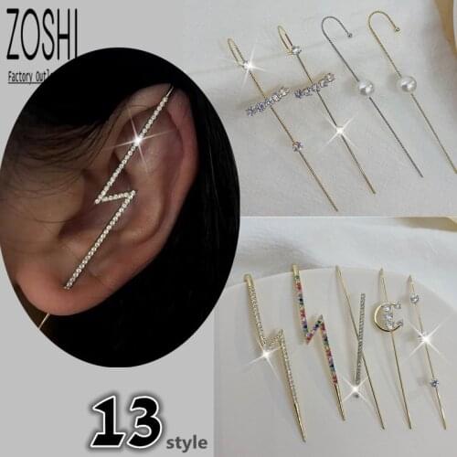 Single Umbrella Hook Clip Earrings For Women Lightning CZ Crystal Gold Plated Long Stick Earrings Simulated Pearl Moon Earrings