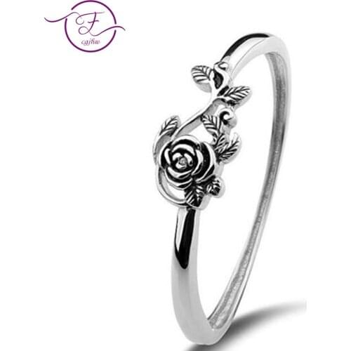 925 Sterling Silver Ring For Women Wedding Anniversary Fine Jewelry Retro Silver Rose Ring Ancient Silver Engagement Ring