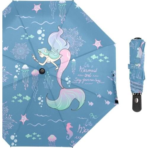 Mermaid Theme Automatic Umbrella Rain Women Windproof Compact Three Folding Umbrella Male Rainy Sunny Outdoor Parasol Parapluie