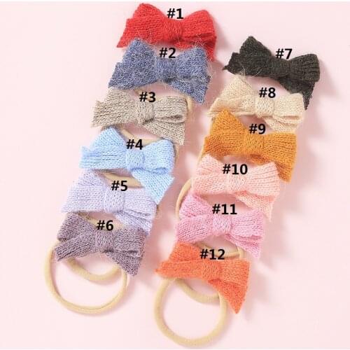 12 Pcs/lot Hand Tied Sweater Bow Nylon Headbands For Children Baby Girls Hair Accessories Woolen Knit Hair Bows Kids Headwaer