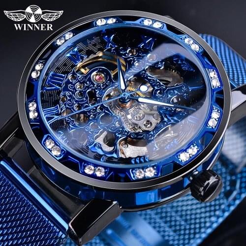 Winner Transparent Fashion Diamond Display Mechanical Watch Blue Stainless Steel Mesh Band Luminous Hand Skeleton Wrist Watch