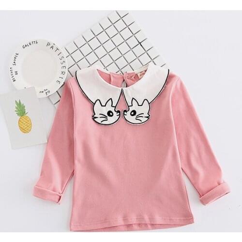 Children Girl Cartoon Cat Embroidered Long Sleeved T-shirt,2017 Spring Autumn Cotton Sweater Sweatshirts Clothes