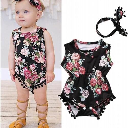 Toddler Ifantil Newborn Baby Girls Floral Cute Romper One-pieces Sunsuit+Headband Cotton Blend Clothes Set