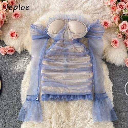 Neploe Temperament Light Luxury Ladies Party Vestidos De Mujer Slash Neck Mesh Long Sleeve Female Dress Pleated Slim Dinner Robe