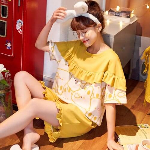 Summer Plaid Cute Ladies Shortsleeved Sleepwear Cartoon Patchwork Fold Design Sense Round Neck Sweet Girl Cotton Korean Homewear