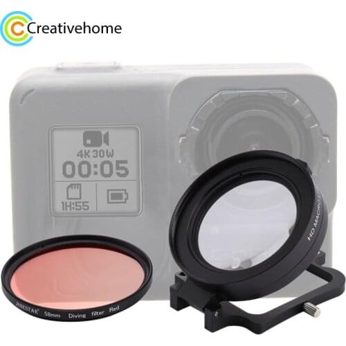 58mm 16X Macro Lens + Red Diving Lens Filter with Lens Cover+Lens Filter Ring Adapter+String+Cleaning Cloth for GoPro HERO 5/ 6