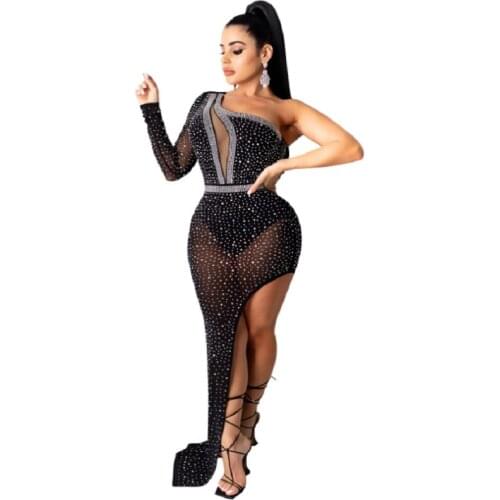 Fashion Single Sleeve Sexy Solid Color Hot Diamonds Irregular Clubbing Dresses Lady Bodycon Evening Party Vestido Nighclub