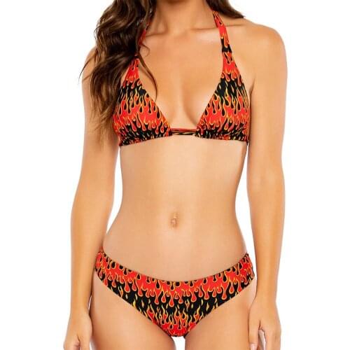 Fashion Women Bikini Sets Summer Sexy Flame Printed Bikini Sets Halter Tie Up Triangle Bra Swimwear Swimsuit Suits Swimwear
