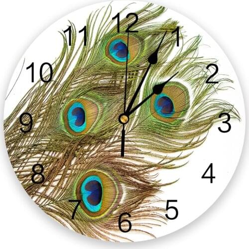 Peacock Feather Green Print Wall Clock Wall Art Silent Non ticking Round Wall Watch for Home Decortaion Best Gift