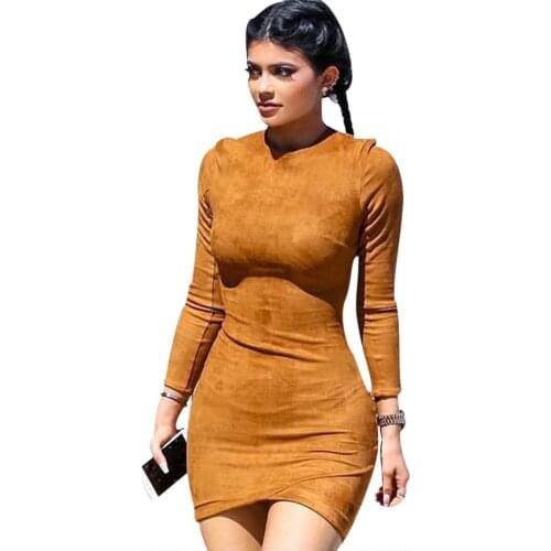 2016 Long Sleeve Slim Party Dress Sexy Club Brown Vestido Women Spring Dresses Kylie Jenner Skin Tight Faux Suede Bodycon Dress