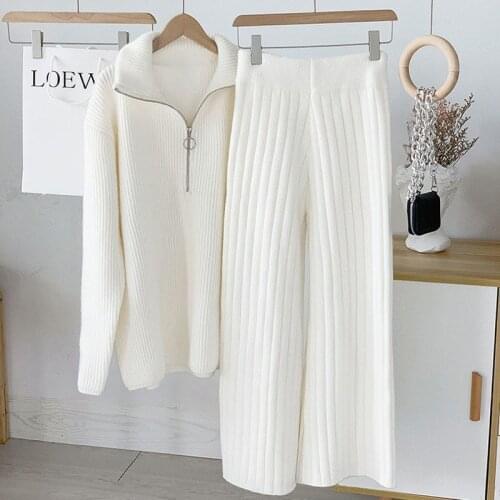 Autumn Winter White Knitted Wide Leg Pants Women High Waist Straight Loose Casual Black Stand Zipper Sweaters Tops Knitwear Wild