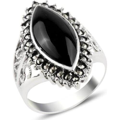Silver 925 Sterling Onyx & Marcasite Ring