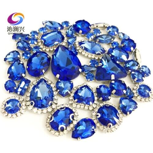 Light blue color Mix size Crystal buckle+claw rhinestone,Silver base galss sew on stones diy/Clothing accessories 50pcs/pack