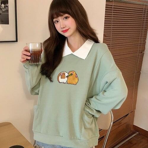 Guinea Pig Graphic Cotton Harajuku Hoodie Aesthetic Sweetshirt for Girls Turn-down Collar Long Sleeves Hoody Kawaii Streetwear