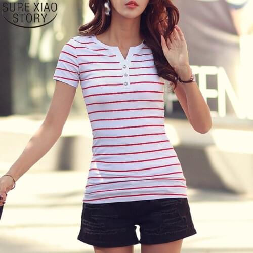 White Strip T-Shirt Casual Tshirts 2021 Summer Top Cotton Shirts V-neck T Shirt Women Short Sleeve Plus Size Tee Shirt 3188 50
