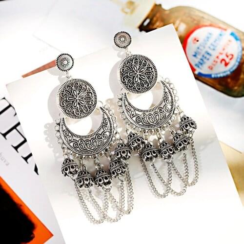 Classical Silver Color Bell Indian Earrings For Women Handmade Traditional Long Chain Geometric Ladies Earrings