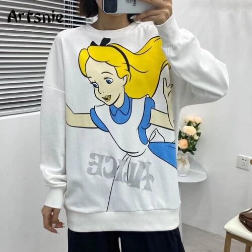 Artsnie cartoon print women sweatshirt autumn 2019 white casual hoodies long sleeve pullover knitted streetwear sweatshirts