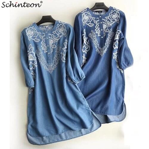 2018 Women Thin Denim Loose Embroidery Dress Three Quarter Sleeve Flower Long Blouse Split Vintage