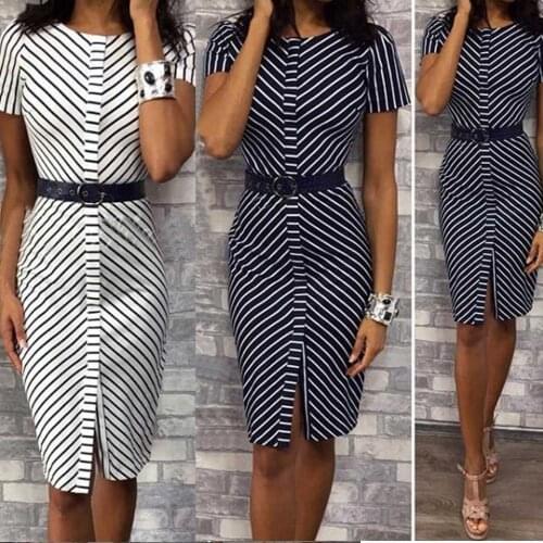 2021 Women Stripe Pritn O-neck Midi Dress Short Sleeve Bodycon Dress Ladies Elegantly Autumn Summer Party Casual Pencil Dress