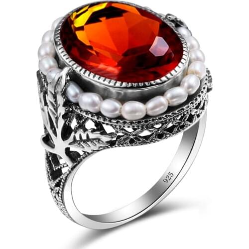 Szjinao Real Fresh Water Pearl Rings For Women Vintage Big Stone Ring With Amber Silver 925 Handmade Oval Shape Womens Jewellery