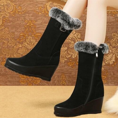 Winter Fashion Sneakers Women Genuine Leather Wedges High Heel Motorcycle Boots Female High Top Warm Rabbit Fur Casual Shoes