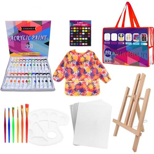 39Pcs Kids Art Drawing Set 24 Vibrant Colors Acrylic Paint with 6 Brushes/Paint Palette/Easel/Painting Smock Color Mixing Chart