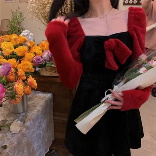Velvet Kawaii Mini Dress Women Casual Bow One Piece Dress Korean Puffer Sleeve Square Collor French Elgant Vintage Dress Female