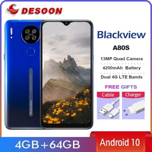 Blackview A80s 4G LTE 13MP Quad Rear Camera Mobile Phone 6.21'' 4200MAh 4GB+64GB Smartphone Octa Core Android 10.0 cellphone