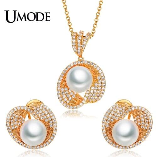 UMODE Brand Trendy Round Simulated Pearl Bridal Jewelry Sets for Women Crystal Necklace Earrings Sets Wedding Jewelry AUS0040A
