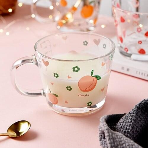 Strawberry Peach Holding Cup Glass Bowl Breakfast Cereal Student Girl Milk Coffee Oatmeal Heat Resistant Kawaii Bottle Mug