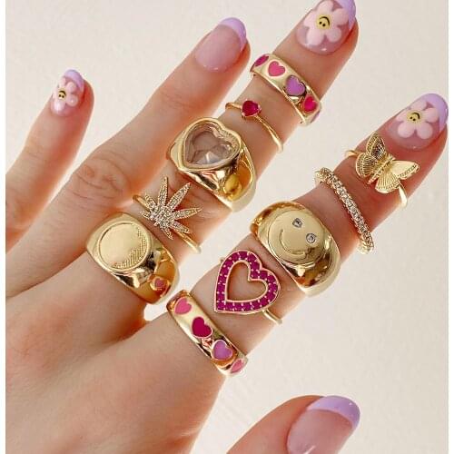 Vintage Bohemia Colorful Enamel Heart Surrounded Stacking Gold Color Rings For Women Adorable Lovely Heart Smile Band Jewelry