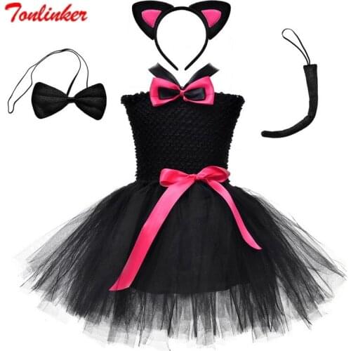 Tonlinker Girls Halloween Animal Cat Costume Set Christmas Kid Birthday Party Black Mesh Tutu Dress Mouse Spider Cosplay Costume