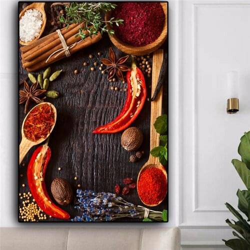 Kitchen Canvas Painting Grains Spices Spoon Peppers Posters and Print Wall Art Food Picture Living Room Modern Home Decoration