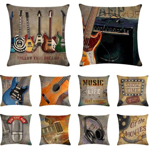 Oil Painting Moive Guitar Cushion Covers Art 45x45cm Cotton Linen Pillow Cover for sofa Square Decorate Throw Pillow Cover 1489