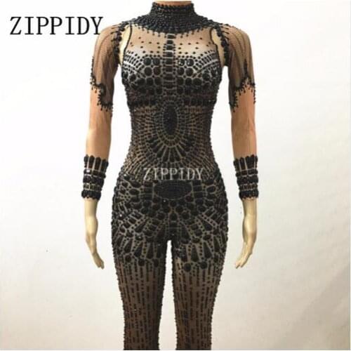 Fashion Black Rhinestones Stage Performance Outfit Party Celebrate Glisten Crystals Costume Stretch Bodysuit