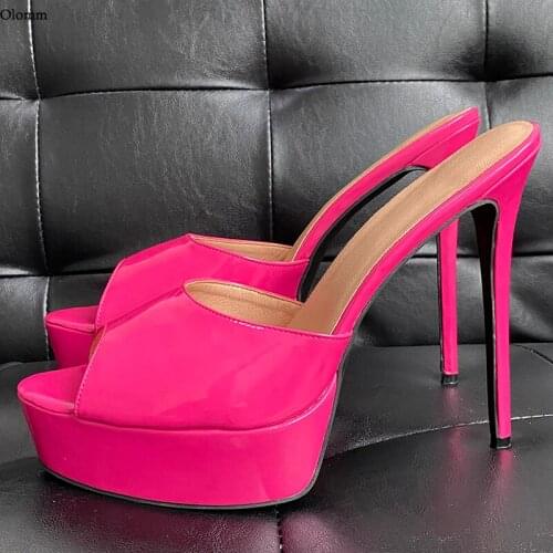 Olomm New Women Platform Mules Sandals Patent Sexy Stiletto High Heels Peep Toe Gorgeous Fuchsia Shoes Women US Plus Size 5-20