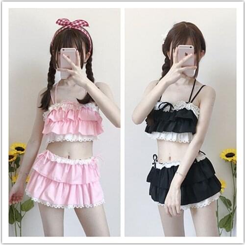 New Arrival Women Lolita Bikini cosplay Swimwear Color Pink and Black Swim Wear Hollow Out Hem Multilayer biquini Women Swimsuit